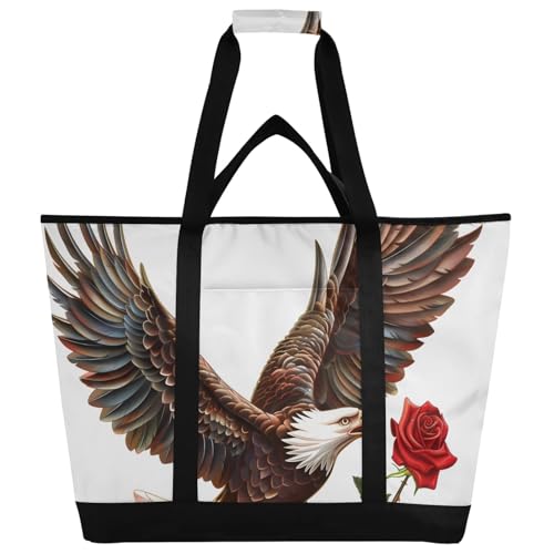 Isolierte Kühltasche, fliegender Adler und rote Rose, faltbar, wiederverwendbar, Lebensmitteltasche von OWFKAY