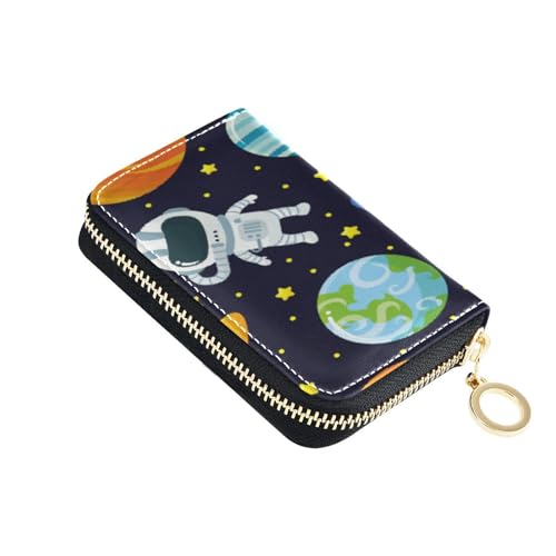 OWFKAY Kreditkartenetui aus Leder, Brieftasche, Visitenkartenetui, Reißverschluss, Karten-Organizer, Planet, Galaxie, kindlicher Astronaut, für Damen und Herren, multi von OWFKAY