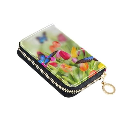 OWFKAY Kreditkartenetui aus Leder, Brieftasche, Visitenkartenetui, Reißverschluss, Karten-Organizer, Tulpe und Schmetterling, für Damen und Herren, multi von OWFKAY