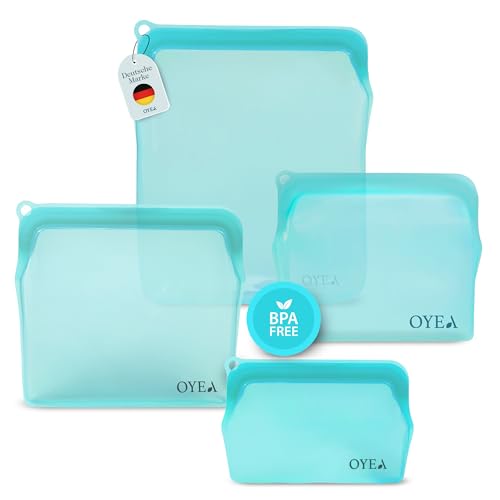 OYEA - Silikonbeutel Wiederverwendbar - 4er Aqua Bag Starter Kit - Silikon Gefrierbeutel, Hitzebeständiger & Auslaufsicherer Frischhaltebeutel, Wiederverschließbar Zip Beutel und Snack Bag von OYEA