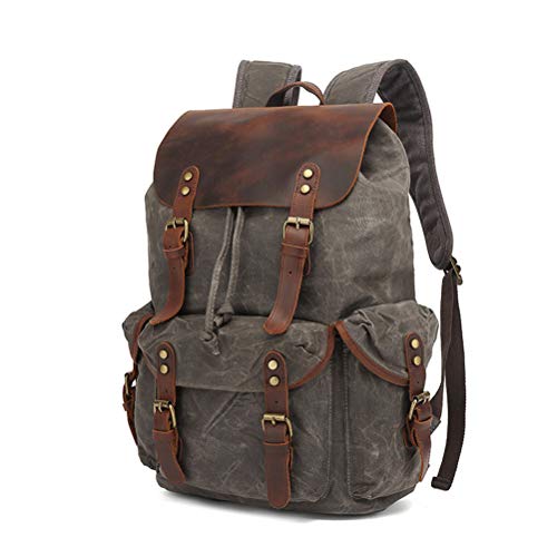 OYHN Laptop Rucksack, Herren Original Leder Waxed Canvas Rucksack Schulter Rucksack Vintage Bergsteiger Reisetasche wasserdichte übergroße hoch Geräumige Tasche für Reisen Outdoor Weekender,Grau von OYHN