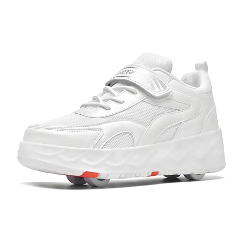 Roller Schuhe Sneaker für Jungen Mädchen, Rollschuheschuhe für Kinder Doppelreihe 4 Räder Trainer Outdoor Sport Skating Travel Roller Sneaker,White-32 EU von ObaBO