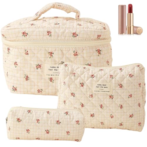 3 Stück Reise Kosmetiktasche Damen,Blumen-Kosmetiktasche, Kosmetiktaschen-Set, Gesteppte Damen-Kosmetiktasche, große Kosmetiktasche mit Reißverschluss – Karierte Blume 3 Stück Reise Kosmetiktasche Damen,Blumen-Kosmetiktasche, Kosmetiktaschen-Set, Gesteppte Damen-Kosmetiktasche, große Kosmetiktasche mit Reißverschluss – Karierte Blume von Occtingkind