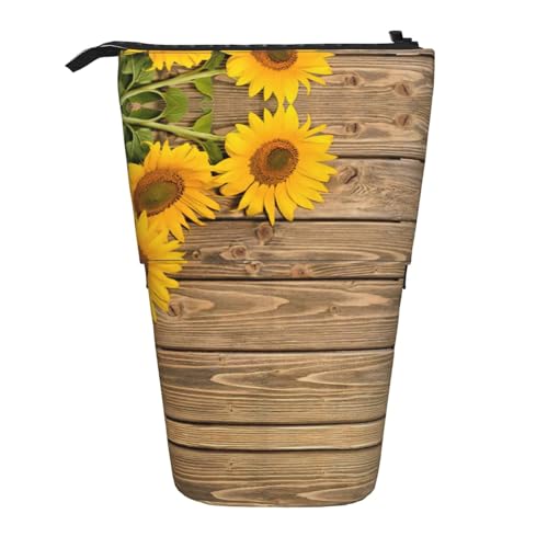 Federmäppchen mit drei Sonnenblumen auf Holzdruck, Stand-up-Stifttasche, Kosmetiktasche, tragbares Federmäppchen, Schwarz , Einheitsgröße, Taschen-Organizer von OdDdot