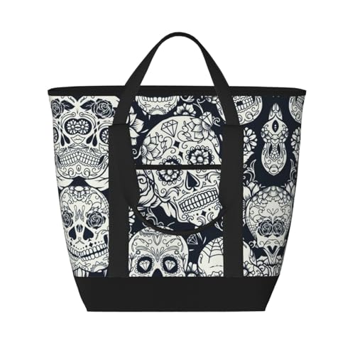 OdDdot Isolierte Tragetasche mit floralem Totenkopf-Aufdruck, große Kapazität, Kühltasche, Lunchtasche für Reisen, Picknicks, Einkaufen von OdDdot