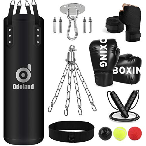 Odoland Boxsack Set Ungefüllt mit Boxsack Erwachsene 100cm, Boxhandschuhe 12oz, Reflexball, Boxbandagen, Kette Deckenhaken und Springseil, Punching Bag für MMA Kickboxen Boxing von Odoland