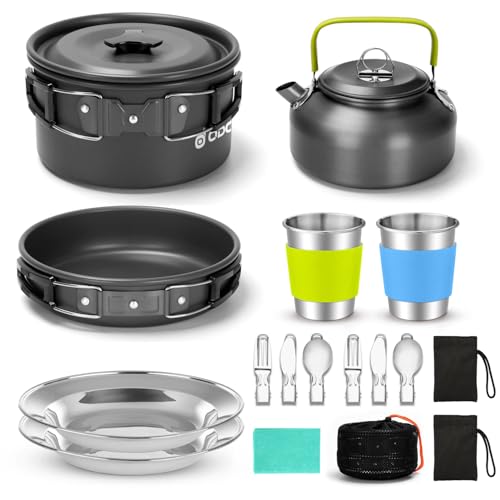 Odoland Camping Geschirr Set 17-teilige Kochset Töpfen mit 0.8 L Teekessel Campingbesteck und Becher Leicht Aluminium Campingtöpfe Faltbare Kochgeschirr für Outdoor Kochen von Odoland