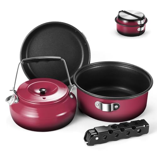 Odoland 5pcs Camping Geschirr Set, Antihaft-Leichtgewicht Topf Pfanne Kettle Set mit einem abnehmbaren Griff - Perfekt für Backpacking, Camping, Wandern und Picknick Rot Odoland 5pcs Camping Geschirr Set, Antihaft-Leichtgewicht Topf Pfanne Kettle Set mit einem abnehmbaren Griff - Perfekt für Backpacking, Camping, Wandern und Picknick Rot von Odoland