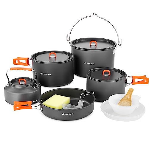 Odoland Camping Kochgeschirr Set 18 Teilig, Outdoor Geschirr Set mit 3 Töpfe, Bratpfanne und Wasserkocher Camping Kochtopf Set, Kochgeschirr Aluminium für Camping,Reisen,Picknick von Odoland