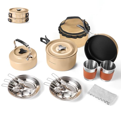 Odoland Camping Kochgeschirr Set für 2 Personen, Camping Topf Besteck Set, Mittlere Bratpfanne + Mittelgroßer Kochtopf, 0,8L Wasserkocher, 2 Sets Edelstahlbesteck, Khaki Odoland Camping Kochgeschirr Set für 2 Personen, Camping Topf Besteck Set, Mittlere Bratpfanne + Mittelgroßer Kochtopf, 0,8L Wasserkocher, 2 Sets Edelstahlbesteck, Khaki von Odoland