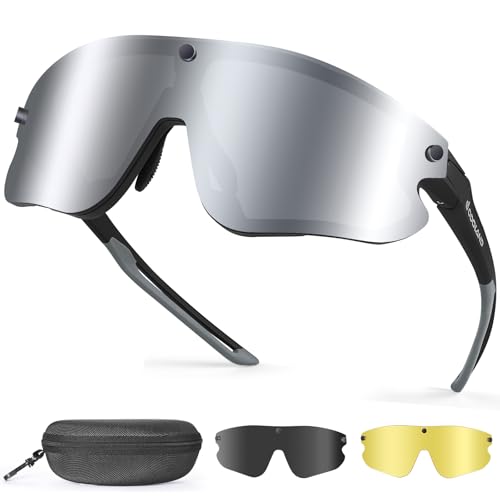 Odoland Fahrradbrille Magnetische mit 3 Magnetische Wechselgläser ink. grauer polarisierter Gläser Sport Sonnenbrille UV400 Schnelle brille für Herren Damen Sportbrille Fahrrad, Angeln, Laufen Silbrig von Odoland