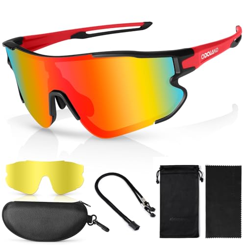Odoland Polarisierte Fahrradbrille, Sport-Sonnenbrille, UV 400, mit austauschbarer Nachtsicht, Gläser für Fahrrad, Angeln, Laufen, Herren, Damen und Jugendliche, Rot Odoland Polarisierte Fahrradbrille, Sport-Sonnenbrille, UV 400, mit austauschbarer Nachtsicht, Gläser für Fahrrad, Angeln, Laufen, Herren, Damen und Jugendliche, Rot von Odoland