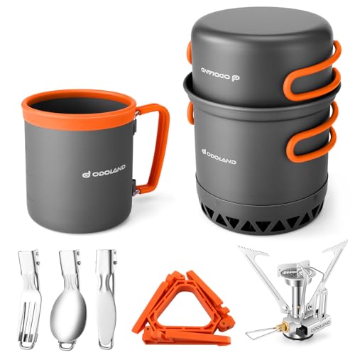 Odoland Aufgewertetes Camping Geschirr Set-teiliges Outdoor Kochgeschirr Aluminium Camping Töpfe mit Brenner Becher Faltbare Besteck Mini Campingkocher für Outdoor Picknick Wandern von Odoland