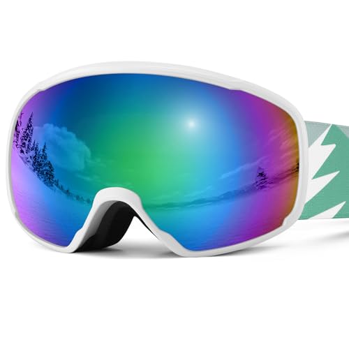 Odoland Skibrille Kinder Snowboardbrille für brillenträger Helmkompatible mit UV-Schutz und OTG Anti-Beschlage für Jungen und Mädchen zum Skifahren und Bergsteigen Weiß Grün von Odoland
