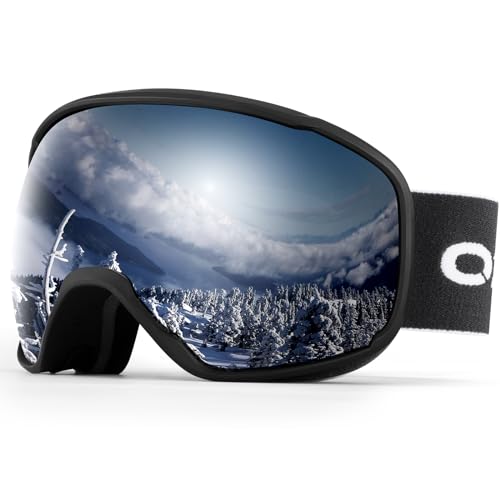 Odoland Skibrille Erwachsene Ski Goggles für Damen und Herren Jungen,Sphärisch Snowboardbrille UV-Schutz Kompatibler Helm Anti Fog für Skifahre Verspiegelt Schwarz + Silber von Odoland