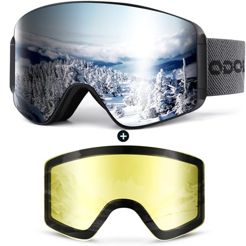 Odoland Skibrille für Damen und Herren Jungen Ski Goggles Anti-Fog UV-Schutz mit Magnetische Wechselglas Snowboardbrille Helmkompatible zum Snowboard Skifahren Schwarz Silber von Odoland