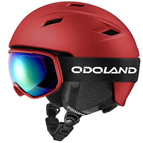 Odoland Skihelm und Skibrille Set, Snowboardhelm mit Snowboardbrille für Erwachsene, Schneebrille UV 400 Schutz Windwiderstand Snowboard Brille zum Skifahren und Bergsteigen Rot M von Odoland