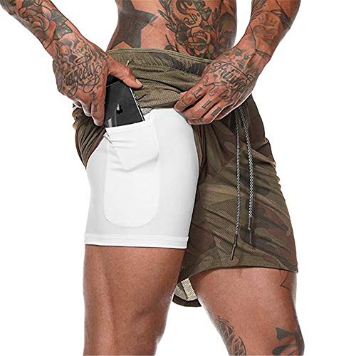 Odot Shorts Herren 2 in 1 Sports Kurz Hose, Schnell Trocknend Sommer Laufshorts mit Tasche Tunnelzug Fitness Joggen Kurze Sporthose Workout Fitness Bodybuilding Trainingsshorts (4XL,Grüne Tarnung) von Odot