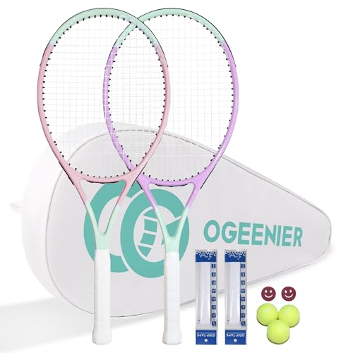 OGEENIER 27 Zoll Tennisschläger-Set für Erwachsene, vorbespannte Tennisschläger für Anfänger, 2-Spieler-Freizeit-Tennis-Set mit 3 Bällen, 2 Vibrationsdämpfern, 2 Griffen, 1 Tennistasche von Ogeenier