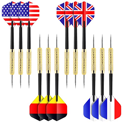 Ohuhu Dartpfeile mit Stahlspitze, 12 Stück, professionelle Metall-Dartpfeile mit Nationalflaggen-Flights (4 Stile) – Dart-Metallspitzen-Set mit gratis PVC-Dartstäben von Ohuhu