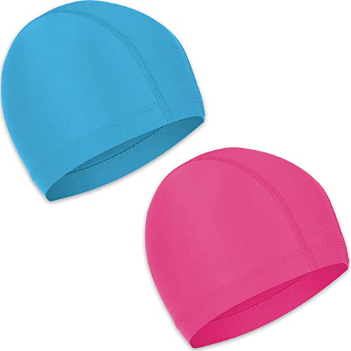 Badekappe 2 Sück Unisex Badehaube Damen Bademütze Schwimmhaube Schwimmkappe Flexible Kappe Badehut für mädchen Lange Haare Herren Kinder Jungen (Himmelblau, Rosa) von Olicky