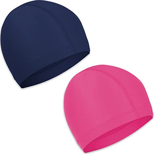 Badekappe 2 Sück Unisex Badehaube Damen Bademütze Schwimmhaube Schwimmkappe Flexible Kappe Badehut für mädchen Lange Haare Herren Kinder Jungen (Rosa, Navy blau) von Olicky