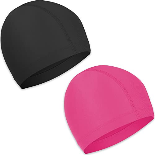 Badekappe 2 Sück Unisex Badehaube Damen Bademütze Schwimmhaube Schwimmkappe Flexible Kappe Badehut für mädchen Lange Haare Herren Kinder Jungen (Schwarz, Rosa) von Olicky