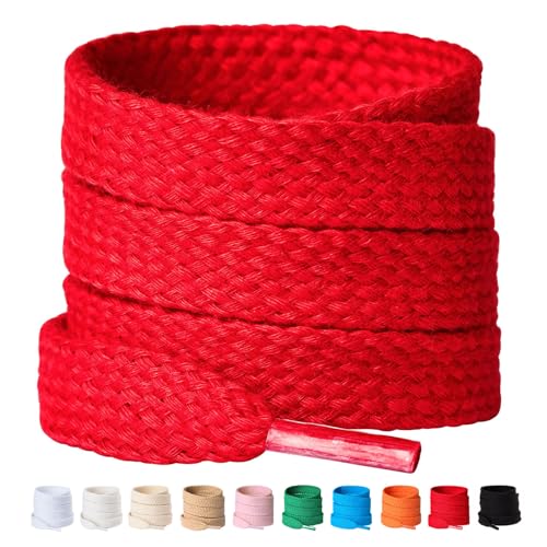 Olukssck 2 Paar 12mm Breit Flache Schnürsenkel aus 100% Baumwolle, Premium Dicke Schuhbänder für Sportschuhe Sneaker Turnschuhe und Freizeitschuhe, Rot, 140cm von Olukssck