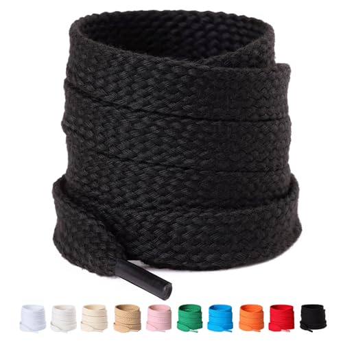 Olukssck 2 Paar 12mm Breit Flache Schnürsenkel aus 100% Baumwolle, Premium Dicke Schuhbänder für Sportschuhe Sneaker Turnschuhe und Freizeitschuhe, Schwarz, 120cm von Olukssck