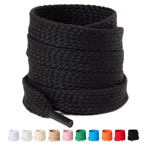 Olukssck 2 Paar 12mm Breit Flache Schnürsenkel aus 100% Baumwolle, Premium Dicke Schuhbänder für Sportschuhe Sneaker Turnschuhe und Freizeitschuhe, Schwarz, 140cm Olukssck 2 Paar 12mm Breit Flache Schnürsenkel aus 100% Baumwolle, Premium Dicke Schuhbänder für Sportschuhe Sneaker Turnschuhe und Freizeitschuhe, Schwarz, 140cm von Olukssck