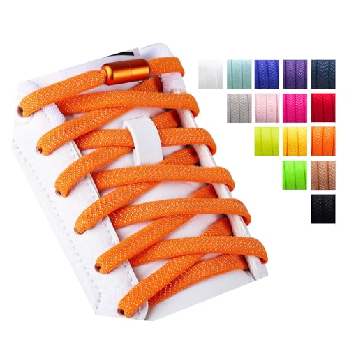 Olukssck 2 Paar 5mm Breite Elastische Schnürsenkel Ohne Binden, Universeller Schuhbänder mit Metall Lock, No Tie Schnürsenkel für Schuhe unterschiedlicher Größe, 100cm lang, Orange von Olukssck