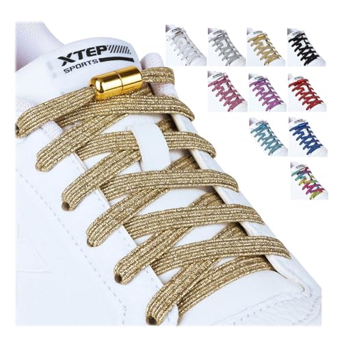 Olukssck 2 Paar 6mm Breite Schnürsenkel Ohne Binden, Elastische Schnürsenkel mit Metallkapseln, Schnürsenkel Schnellverschluss für Sneaker, Laufschuhe, Sporschuhe, 110cm, Gold von Olukssck