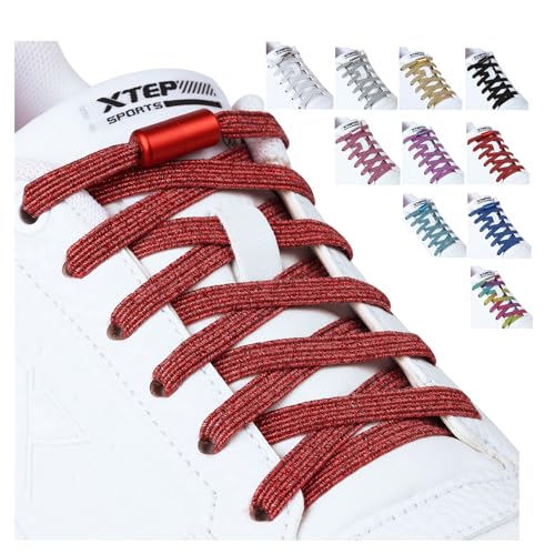 Olukssck 2 Paar 6mm Breite Schnürsenkel Ohne Binden, Elastische Schnürsenkel mit Metallkapseln, Schnürsenkel Schnellverschluss für Sneaker, Laufschuhe, Sporschuhe, 110cm, Rot von Olukssck