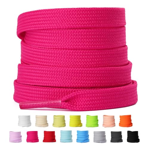 Olukssck 2 Paar 8mm Breite Flache Schnürsenkel, Reißfest Schuhbänder für Sneakers, Turnschuhe, Sportschuhe, Laufschuhe, Hot Pink, 60cm von Olukssck