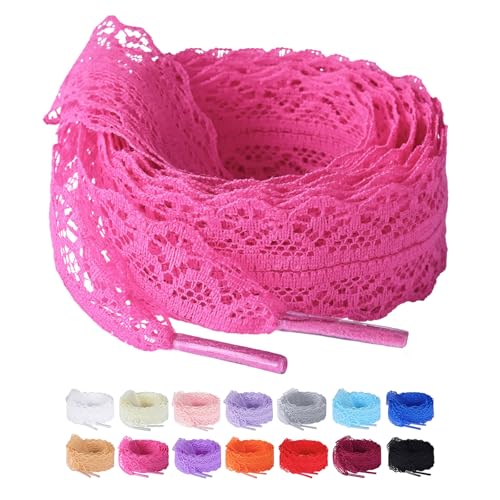 Olukssck 2 Paar Damen Flache Schnürsenkel mit Blumen Spitze und Hohle Design, 3cm Breit Ersatz Schuhbänder für Sneakers, Sportschuhe und Laufschuhe, Hot Pink, 160cm Olukssck 2 Paar Damen Flache Schnürsenkel mit Blumen Spitze und Hohle Design, 3cm Breit Ersatz Schuhbänder für Sneakers, Sportschuhe und Laufschuhe, Hot Pink, 160cm von Olukssck