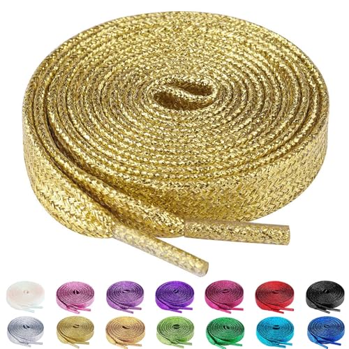 Olukssck 2 Paar Glitzer Schnürsenkel für Sportschuhe und Sneaker, Farbige Flache Schuhbänder 10mm breit, Gold, 100cm von Olukssck