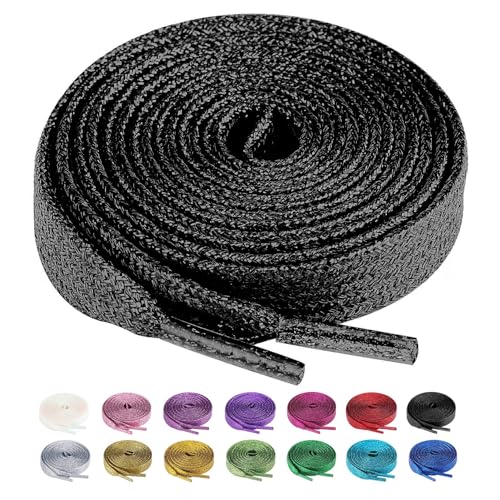 Olukssck 2 Paar Glitzer Schnürsenkel für Sportschuhe und Sneaker, Farbige Flache Schuhbänder 10mm breit, Schwarz, 100cm Olukssck 2 Paar Glitzer Schnürsenkel für Sportschuhe und Sneaker, Farbige Flache Schuhbänder 10mm breit, Schwarz, 100cm von Olukssck