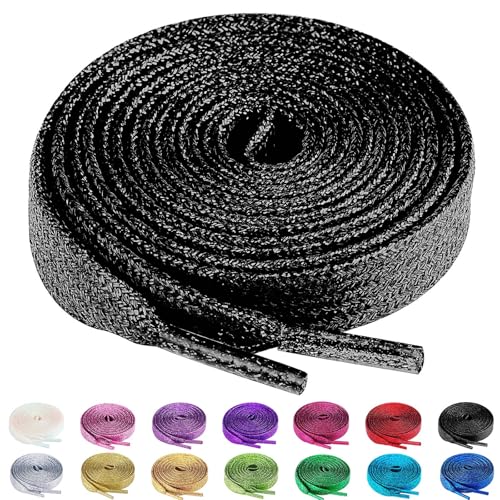 Olukssck 2 Paar Glitzer Schnürsenkel für Sportschuhe und Sneaker, Farbige Flache Schuhbänder 10mm breit, Schwarz, 80cm Olukssck 2 Paar Glitzer Schnürsenkel für Sportschuhe und Sneaker, Farbige Flache Schuhbänder 10mm breit, Schwarz, 80cm von Olukssck