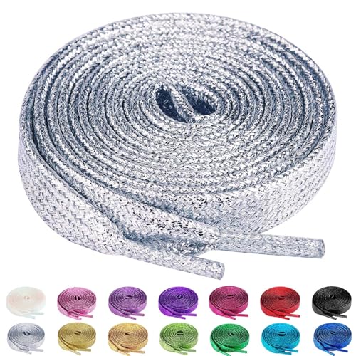 Olukssck 2 Paar Glitzer Schnürsenkel für Sportschuhe und Sneaker, Farbige Flache Schuhbänder 10mm breit, Silber, 140cm Olukssck 2 Paar Glitzer Schnürsenkel für Sportschuhe und Sneaker, Farbige Flache Schuhbänder 10mm breit, Silber, 140cm von Olukssck