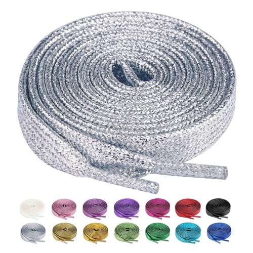 Olukssck 2 Paar Glitzer Schnürsenkel für Sportschuhe und Sneaker, Farbige Flache Schuhbänder 10mm breit, Silber, 160cm Olukssck 2 Paar Glitzer Schnürsenkel für Sportschuhe und Sneaker, Farbige Flache Schuhbänder 10mm breit, Silber, 160cm von Olukssck