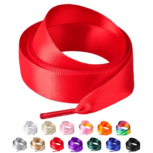 Olukssck 2 Paar Satin Schnürsenkel, 2cm Breit Bunte Seide Schnürsenkel für Damen, Flache Satinband Schuhebänder für Sneakers, Sportschuhe, Turnschuhe, Laufschuhe, Rot, 140cm von Olukssck