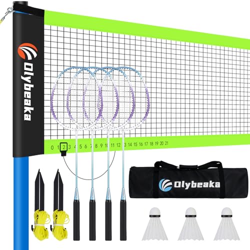 Olybeaka Tragbares Badmintonnetz mit 4 Aluminium-Badmintonschlägern, langlebiges Badminton-Netz-Set für Hinterhof, stabiles Spielnetz-System mit Tragetasche von Olybeaka