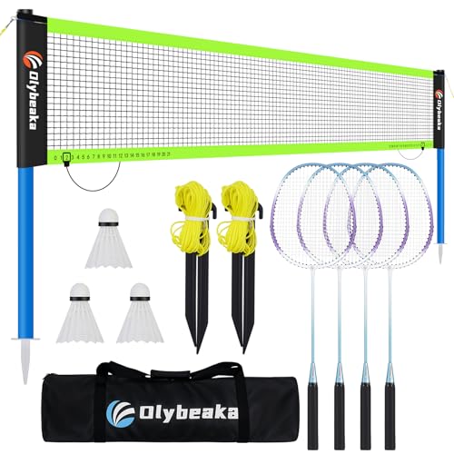 Olybeaka Tragbares Badmintonnetz mit 4 Badmintonschlägern, langlebiges Badmintonnetz-Set für Auffahrt, Hinterhof, stabiles Spielnetzsystem mit Tragetasche von Olybeaka