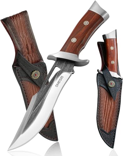 Omesio Outdoor Messer Großes Survival Bowie Messer besteht aus AST-Edelstahl, 28,5cm Jagdmesser feststehende Klinge Holz Griff und mit Leder Scheide, mit Geschenkbox von Omesio