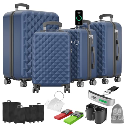 Onbest Premium Kofferset 4-TLG. – Hartschalenkoffer mit TSA-Lock, USB-Anschluss – 1x Kofferwaage, 2X Koffergurt, 4X Adresshänger, 1x Getränkehalter, 1x Schuhbeutel, 4X Staubschutzhüllen (Dunkelblau) von Onbest