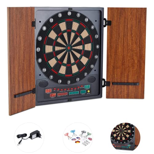 oneConcept Dartmaster 180 Dartautomat, Dartscheibe elektronisch, E-Darts, Dartboard mit bis zu 8 Spieler, virtueller Gegner, LED-Anzeigen, 12 Pfeile, braun von Oneconcept