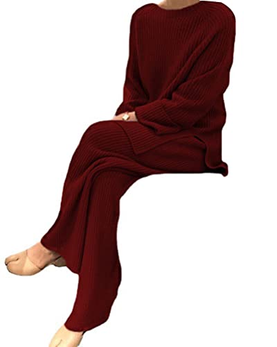 Onsoyours Damen 2 Stück Strickanzug aus Langarm Strickpullover Und Lange Jogginghose Zweiteilige Beiläufig Outfit Freizeitanzug Sportanzug Loungewear Set C Burgundisch XS von Onsoyours