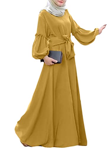 Onsoyours Damen Damen Muslim Kleid Einfarbig Lose Langarm Islamischer Naher Osten Dubai Türkische Robe Mit Turban for Ramadan Ethnic Party Evening B Gelb XL von Onsoyours