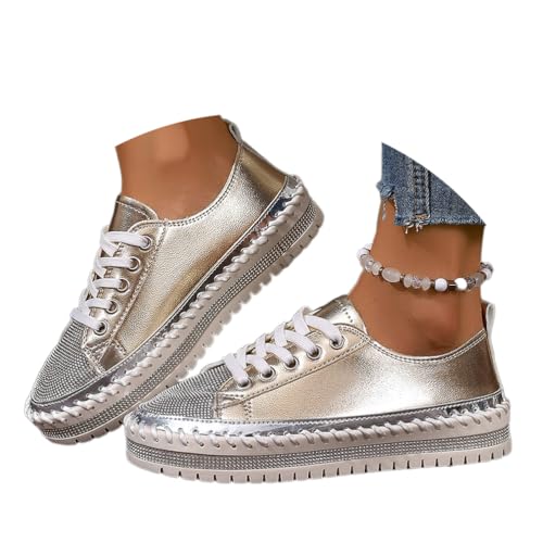 Onsoyours Damen Diamant Sneakers Glitzer Low Plateau Walkingschuhe Freizeitschuhe Schnürer Sportschuhe Atmungsaktiv Strass Turnschuhe Laufschuhe A Gold 41 EU von Onsoyours