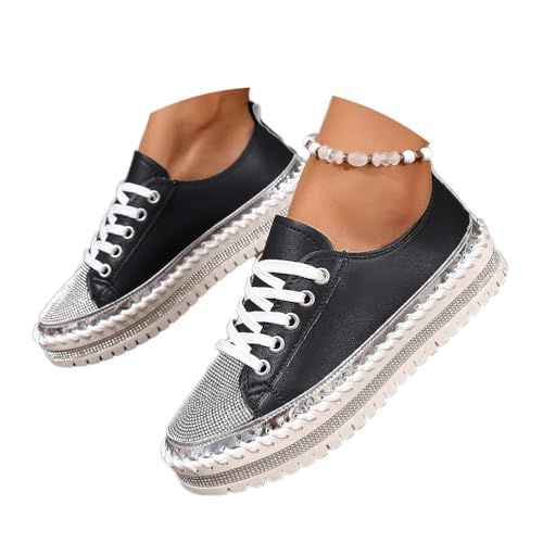 Onsoyours Damen Diamant Sneakers Glitzer Low Plateau Walkingschuhe Freizeitschuhe Schnürer Sportschuhe Atmungsaktiv Strass Turnschuhe Laufschuhe A Schwarz 44 EU von Onsoyours